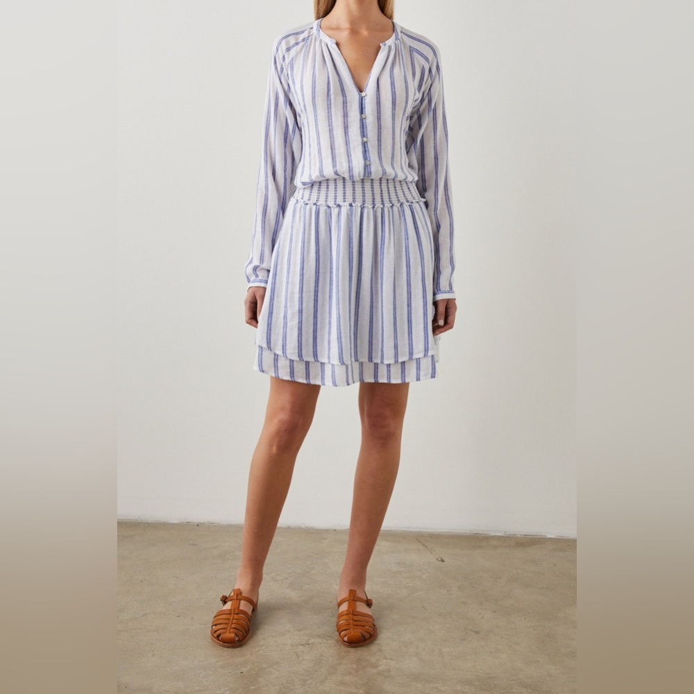 RAILS “Jasmine” White and Blue Stripe Long Sleeve Smocked Waist Dress - Picture 4 of 11